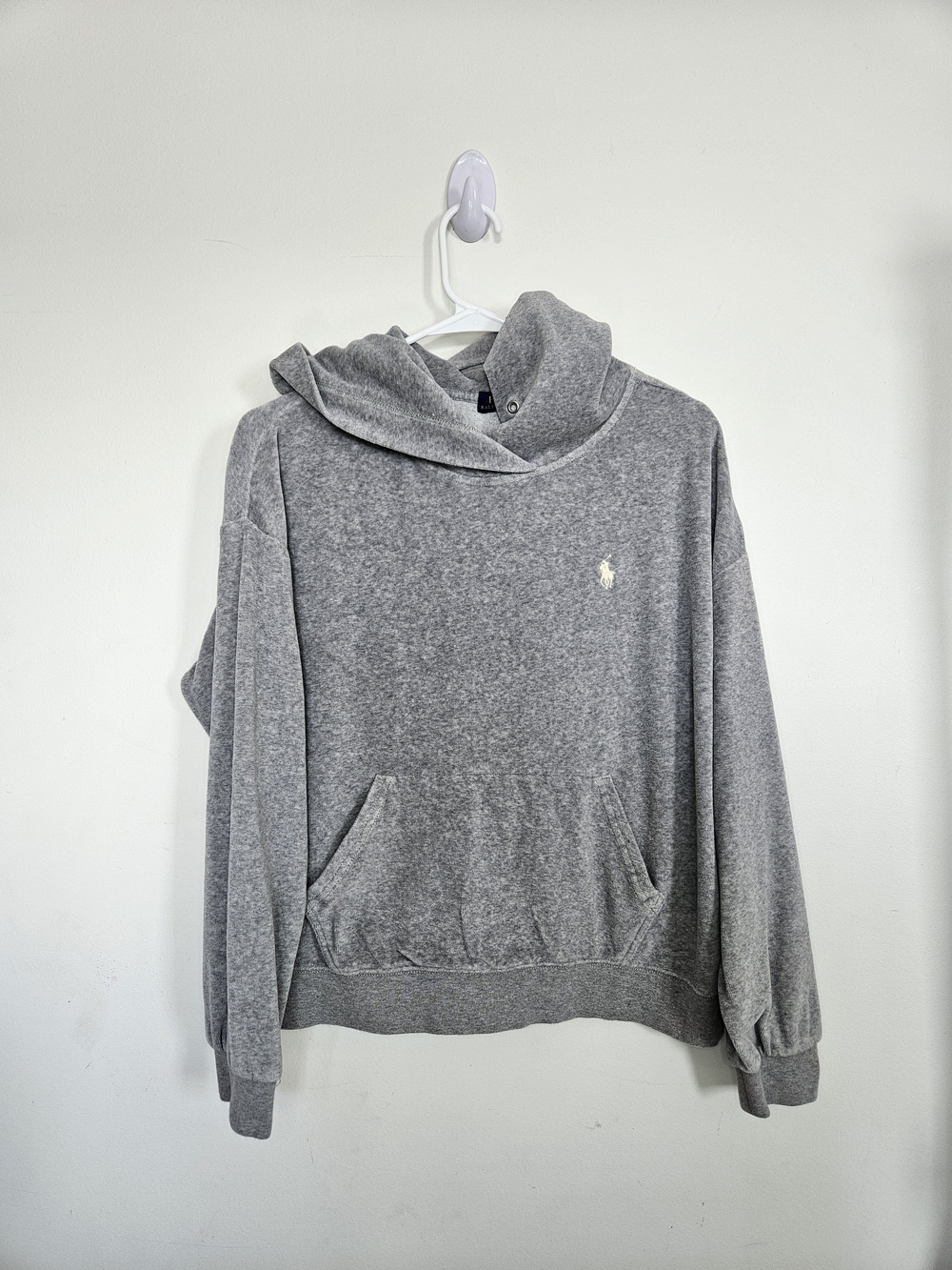 Polo Ralph Lauren Grey Velour Hoodie Sweatshirt Pony Logo Size Medium